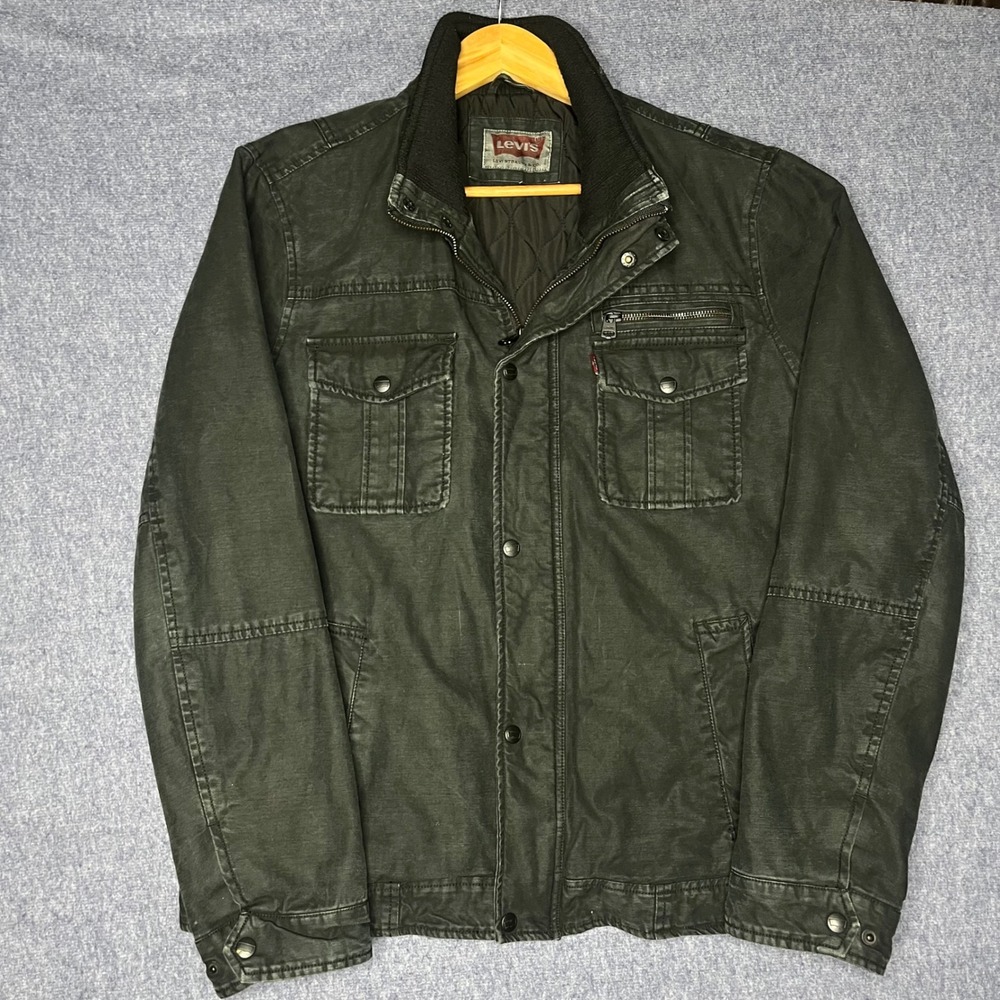 Levis Mens Field Jacket Charcoal Gray Quilted Lined Military Utility Coat Large
